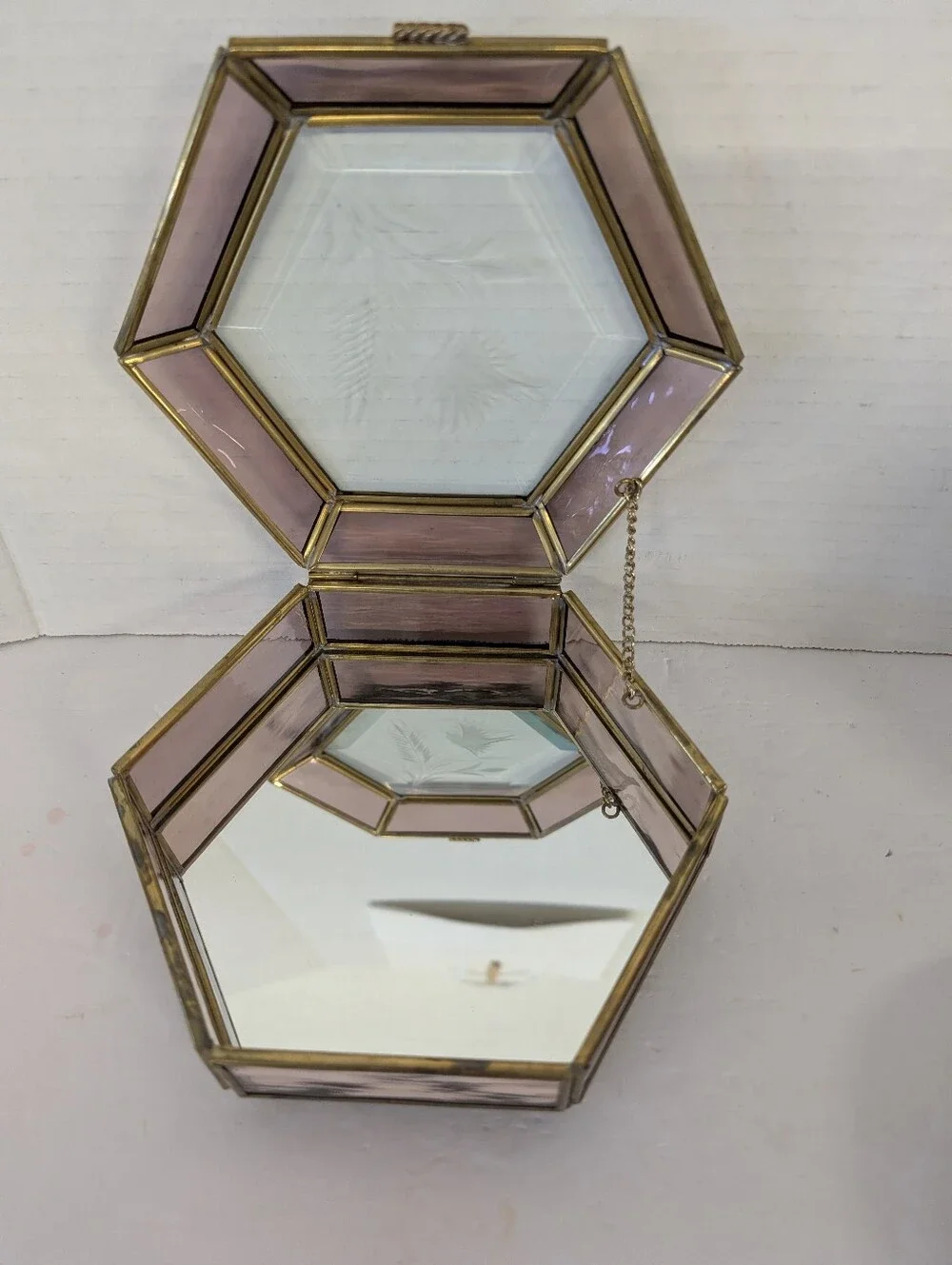 Vintage Hexagonal Purple Glass Jewelry Box with Etched Mirror Lid